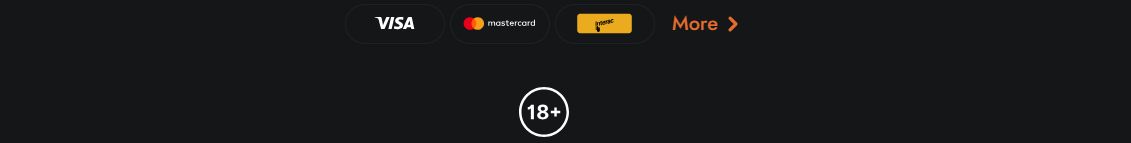 Casino footer with Visa, Mastercard, and Jeton payment options, a “More” link, and an 18+ age restriction badge on a dark background.