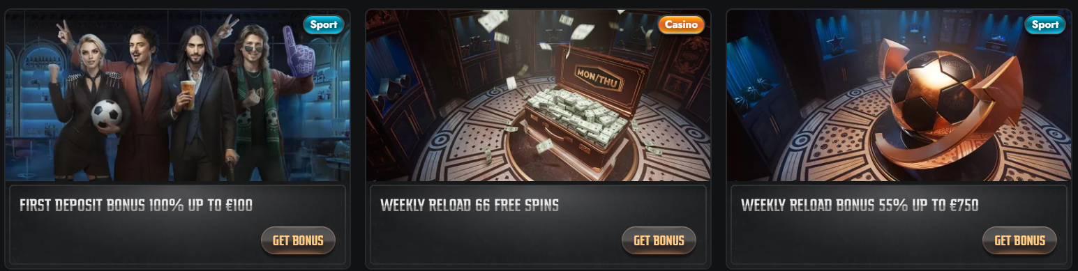 Sports-themed banner with players celebrating a 100% first deposit bonus up to €100.