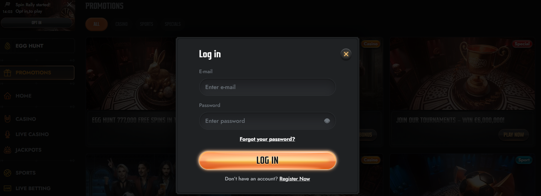 Casino website login popup with email and password fields, a glowing “Log In” button, and a dark blurred background.